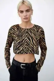 Zara Women's Crop Top Black Brown Animal Print Satin Back Chain XS NEW Mob Wife