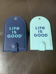 Life Is Good Soft Genuine Blue Leather Luggage Tags Travel Suitcase