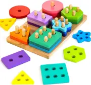 Wooden Sort & Stack Toy for Toddlers 12+ Months 24pcs Geometric Blocks with Flas