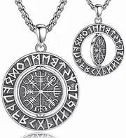 [AB Viking Crafts] 925 Silver Viking Compass Vegvisir Pendant Back Valknut (Rotatable) in Rune Circle with Stainless Steel Chain in Jewellery Box Protection Force Orientation, ca. 3,4x2,4 xm / 5 g, Sterling Silver