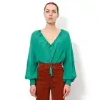 Saint Laurent YSL (Slimane) Silk Chiffon Drawstring Blouse Emerald Green FR 36