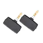 NNEAGS 2X 20.5cm Rectangular Cast Iron Griddle Grill Frying Pan with Folding Woo