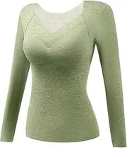 pouxa Womens Ski Base Layer | Soft Women Fleece Lined Thermal Underwear | Winter Jumper Vest Ladies Base Layer for Skiing Biking Green