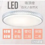 LED吸頂燈 台灣現貨 水晶星點60W/80W 白光 自然光 單色壁切三段 高亮度 附快接安裝簡單 客廳臥室餐廳 燈具