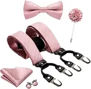 [keusyoi] Silk Clip On Mens Suspenders Adjustable Braces Bow Tie Pocket Square Cufflinks Brooch Set for Men 3.5Cm Width Elastic