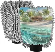 XYMZR Beach Sea Palm Trees Absorbent Microfiber Car Wash Mitt, Funny Cute Anime Scratch Free for Cars Cleaning, Home Cleaning Mitts, 2 Pack, 10.24” L x 7.09” W