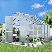 Green Fingers Walk-in Greenhouse, 302 x 250cm Aluminium Polycarbonate Garden Shed, Rust-Resistant Greenhouse Frame with Lockable Door, Gutter System for Backyard Gardeners