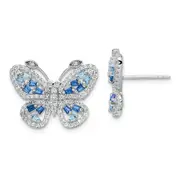 Sterling Silver Rhodium-Plated Polished Light And Dark Blue Cz With Clear Butterfly Post Earrings