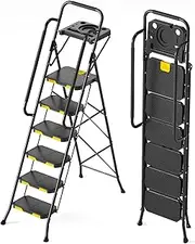 [KINGRACK] 6 Step Ladder with Tool Platform, Folding Step Stool with Handrails, Sturdy Steel Ladder with Wide Pedal, 800 LBS Portable Safety Ladder for Adults Painting Home Outdoor Garage