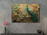 Elegant Floral Art Blue & Gold Peacock Wall Art Canvas Unframed Print Art