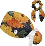[FVQL] Scrub Caps Women, 2 Pieces Nurse Cap with Hair Scrunchies, Flower Chrysanthemum Pattern and Leaf