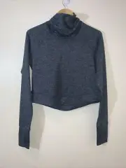 Prana Womens Cropped Zawn Top Medium Blue Herringbone Funnel Neck Athleisure