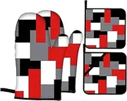 Red Black Grey White Oven Mitts and Pot Holders Sets of 4 Geometric Oven Gloves for Kitchen Baking Cooking Grilling (Red)