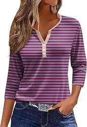 [Valtorixia] 3/4 Length Sleeve Women Henley V Neck Tops Casual Length Button Down Shirt Floral Print Blouses Plus Size Trendy Comfy Tees (color-b-14,Medium)