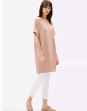 Eileen Fisher Tencel Stretch Dress Dune Lg Ribbed Pink Short Sleeve Round Neck