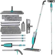 Wiseten 2 in 1 Window Cleaner Squeegee Kit and Floor Mop with Spray, Professional Window Wiper with Telescopic Handle, Spray Floor Mop with Washable Pads for Cleaning