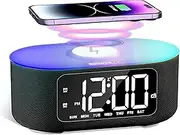 White Noise Machine & Alarm Clock with 25 Sounds, Bluetooth Stereo Speaker, 15W Fast Wireless Charger, Digital Clock with FM Radio, 10 Colors Nightlight, Snooze, Dimmer, Sleep Timer for Baby & Adults