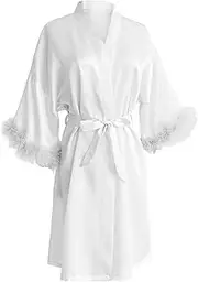 [Generic] Satin Bathrobe Women's Lightweight Bride Dressing Gown Thin Kimono Feather Cuffs Nightdress Sexy Pyjamas Women Sauna Gown Bathrobe for Sauna Travel Homewear Suit, White, One size