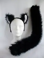 BLACK & WHITE furry CAT HEADBAND EARS & TAIL SET anime cosplay Halloween costume