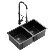 Stainless Steel Sink 77x45CM With Pull Out Mixer Tap Kitchen Double Bowl Black