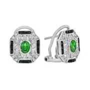 Art Deco Style Lab Created Diamond Tsavorite Onyx Earrings 14k White Gold FN