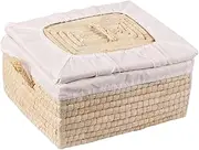 1Pc Beige Woven Bun Basket with Lid Multi Purpose Bread Storage Holder Design for Home Organization Dust and