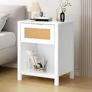 ALFORDSON Bedside Table,Woven Rattan Front, 50 x 38 x 64cm, 1 Spacious Drawer＆Open Shelf, Modern Nightstand Side End Table, for Bedroom, Living Room, White