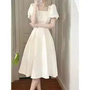 Short-Sleeve Square Neck Plain Midi A-Line Dress White - L