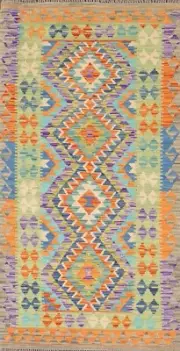 Southwestern Kilim Reversible Pastel Color Wool Hand-Woven Runner Rug 3'x7'