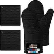 Gorilla Grip Heat Resistant Silicone Oven Mitt and Trivet Set, Waterproof, Cotton Lined, BPA-Free - 4 Piece Kitchen Set, Black