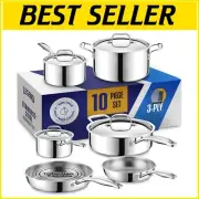 Premium 10-Piece 3-Ply Stainless Steel Cookware Set - Induction Safe & Non-Toxic