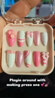 Handmade Press-On Nails – Pink & White with 3D Details – Almond Shape –