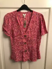 NEW RIVER ISLAND PINK DITSY FLORAL PRINT BLOUSE TEA TOP BUTTON UP FRONT UK 10