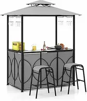 Costway 3-Piece Patio Bar Set, Grill Gazebo & 2 Bar Stools w/Tempered Glass Bar Table, Metal Storage Shelves, Glass Holders, Double-Tier Soft Top Canopy BBQ Gazebo Shelter for Patio Poolside Garden