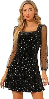 [Allegra K] Women's Halloween Mesh Sheer Sleeve Sparkly Party Glitter Star Metallic Velvet Dress