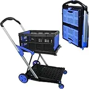 APOXCON Folding Shopping Cart, Two Tier Collapsible Cart with One Crate, Heavy Duty Utility Cart with 360° Rolling Swivel Wheels Multiple Uses Folding Trolley for Shopping, Picnic and Office
