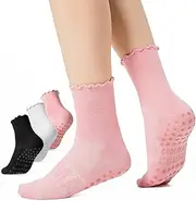 [COOLMATE GLOBAL] COOLMATE 3 Pairs Ruffle Pilates Socks with Grips for Women, Cute Non - Slip Crew Socks for Yoga, Barre, Lagree