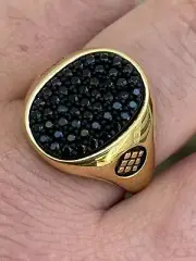 Large Mens Real 925 Sterling Silver 14k Gold Plated Iced Black CZ Ring Size 7-13