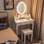 Giantex Vanity Table & Stool Set w/Mirror & Lights, Makeup Vanity Desk with 3-Color Dimmable LED Lights, 3 Drawers, Cushioned Stool, Dressing Table Set for Bedroom Studio, White