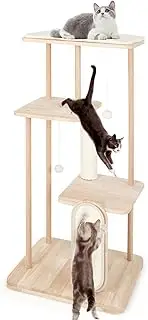 127cm Tall Solid Wood Cat Climbing Tree, 4-Tier Large Cat Tower w/Oak Frame & Beech Post, Cat Activity Center Cat Furniture w/Scratching Board & Posts, Pom-pom Ball, for Kittens & Adult Cats