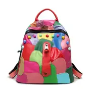Women Travel Bags Rivets Lady Backpacks Student Rainbow Colorful Patchwork Real Genuine Pu Leather Backpack Girls Shoulder