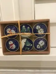 Vintage Christmas Painted Tea Lights Snowmen, trees set of 6