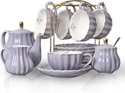 SWEEJAR Porcelain Tea Sets British Royal Series, 8 OZ Cups& Saucer Service for 6, with Teapot Sugar Bowl Cream Pitcher Teaspoons and Tea Strainer, Suitable for High Tea, Wedding, Party (Purple)