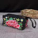 CHINA PEONY EMBROIDERY 3 ZIPPERS CARD BAG MOBILE PHONE BAG