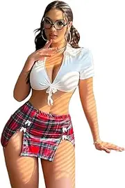 [Jenaforte] Women Tie-Front Crop Top And Bow Tie Trim Plaid Skirt Set Sexy Outfit Lingerie Set