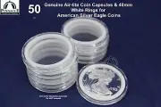 50 Airtite Coin Capsules with WHITE Rings for 1oz American Silver Eagle 40.6mm