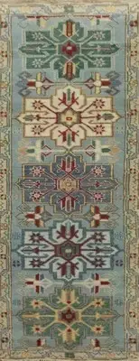 Light Blue Kazak Geometric 8 ft Runner Rug Wool Hand-made Oriental Carpet 3x8
