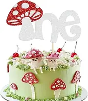 Ephlyn 1Pcs Mushroom One Cake Topper Glitter Mushroom First Birthday Cake Decorations for Girls Boys Baby Shower Decor Supplies