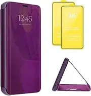 [TiHen] Compatible for Case Samsung Galaxy S24 Plus Mirror Case, 360 Degrees Protective Slim Fit Electroplate Standing Case PC Flip Cover + Tempered Glass Film with Kickstand-Purple