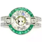 Art Deco 4.2Ct Old European Lab Created Diamond & Emerald 14K White Gold FN Ring